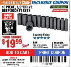 Harbor Freight ITC Coupon 10 PIECE 1/2" DRIVE DEEP WALL IMPACT SOCKET SETS Lot No. 67912/61709/69263/67915/69287/61707 Expired: 10/29/19 - $19.99