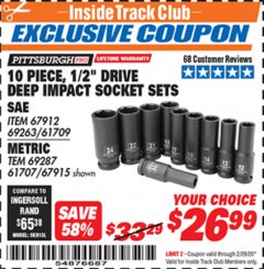 Harbor Freight ITC Coupon 10 PIECE 1/2" DRIVE DEEP WALL IMPACT SOCKET SETS Lot No. 67912/61709/69263/67915/69287/61707 Expired: 2/29/20 - $26.99