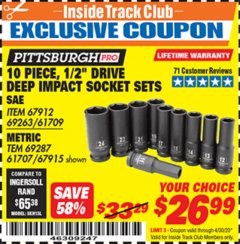 Harbor Freight ITC Coupon 10 PIECE 1/2" DRIVE DEEP WALL IMPACT SOCKET SETS Lot No. 67912/61709/69263/67915/69287/61707 Expired: 4/30/20 - $26.99