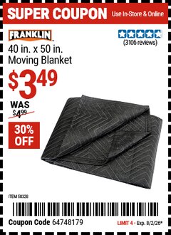 Harbor Freight Coupon FRANKLIN 40 IN. X 50 IN. MOVING BLANKET Lot No. 58328 Expired: 8/2/26 - $3.49
