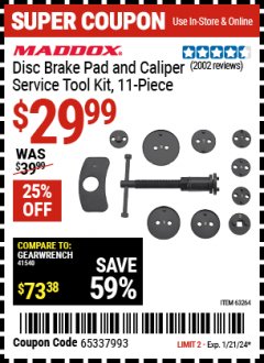 Harbor Freight Coupon MADDOX DISC BRAKE PAD AND CALIPER SERVICE TOOL KIT, 11-PIECE Lot No. 63264 Expired: 1/21/24 - $29.99