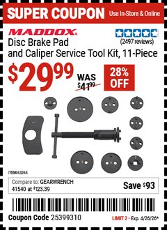 Harbor Freight Coupon MADDOX DISC BRAKE PAD AND CALIPER SERVICE TOOL KIT, 11-PIECE Lot No. 63264 Valid Thru: 4/26/26 - $29.99