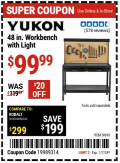 Harbor Freight Coupon YUKON 48 IN. WORKBENCH WITH LIGHT Lot No. 58695 Expired: 1/7/24 - $99.99