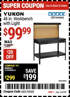 Harbor Freight Coupon YUKON 48 IN. WORKBENCH WITH LIGHT Lot No. 58695 Expired: 1/24/24 - $99.99