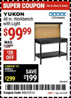 Harbor Freight Coupon YUKON 48 IN. WORKBENCH WITH LIGHT Lot No. 58695 Expired: 4/21/24 - $99.99