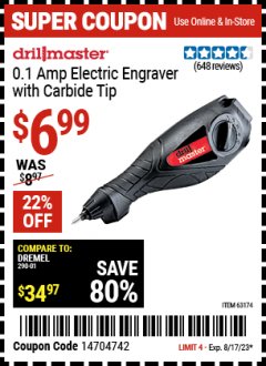 Harbor Freight Coupon 0.1 AMP ELECTRIC ENGRAVER WITH CARBIDE TIP Lot No. 63174 Expired: 8/17/23 - $6.99