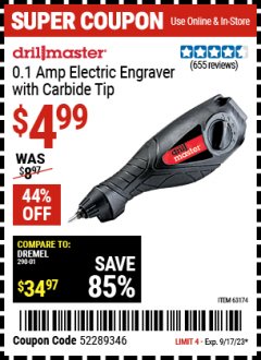 Harbor Freight Coupon 0.1 AMP ELECTRIC ENGRAVER WITH CARBIDE TIP Lot No. 63174 Expired: 9/17/23 - $4.99