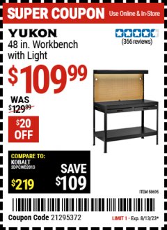 Harbor Freight Coupon YUKON 48IN WORKBENCH WITH LIGHT Lot No. 58695 Expired: 8/13/23 - $109.99