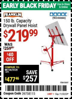 Harbor Freight Coupon FRANKLIN 150 LBS CAPACITY DRYWALL HOIST Lot No. 58307 Expired: 11/22/23 - $219.99