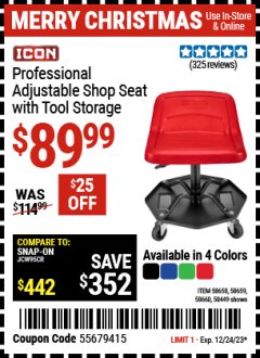 Harbor Freight Coupon ICON PROFESSIONAL ADJUSTABLE SHOP SEAT WITH TOOL STORAGE Lot No. 58658/58659/58660/58449 Expired: 12/24/23 - $89.99
