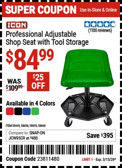 Harbor Freight Coupon ICON PROFESSIONAL ADJUSTABLE SHOP SEAT WITH TOOL STORAGE, RED Lot No. 58449/58658/58659/58660 Valid Thru: 3/15/26 - $84.99