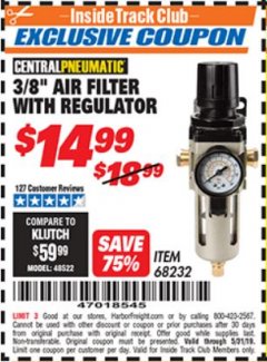 Harbor Freight ITC Coupon 3/8" AIR FILTER WITH REGULATOR Lot No. 68232 Expired: 5/31/19 - $14.99