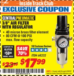 Harbor Freight ITC Coupon 3/8" AIR FILTER WITH REGULATOR Lot No. 68232 Expired: 4/30/20 - $17.99