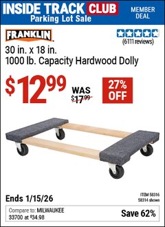 Harbor Freight ITC Coupon FRANKLIN 30 IN. X 18 IN., 1000 LB. CAPACITY HARDWOOD DOLLY Lot No. 58314/58316 Expired: 1/15/26 - $12.99