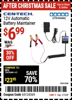Harbor Freight Coupon CEN-TECH 12V AUTOMATIC BATTERY MAINTAINER Lot No. 59000 Expired: 1/7/24 - $6.99
