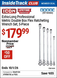 Harbor Freight Coupon ICON EXTRA-LONG PROFESSIONAL METRIC DOUBLE BOX FLEX RATCHETING WRENCH SET, 5-PIECE Lot No. 56694 Valid: 12/31/69 - 10/1/26 - $179.99