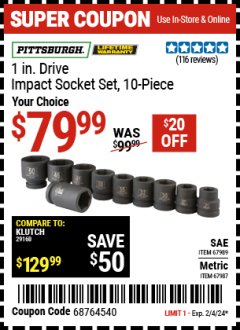 Harbor Freight Coupon PITTSBURGH 1 IN. DRIVE IMPACT SOCKET SET, 10 PIECE Lot No. 67989, 69517 Expired: 2/4/24 - $79.99