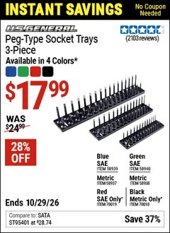 Harbor Freight Coupon U.S. GENERAL PEG-TYPE SOCKET TRAY, 3-PIECE Lot No. 58937/58938/58939/58940/70018/70019 Valid Thru: 10/29/26 - $17.99