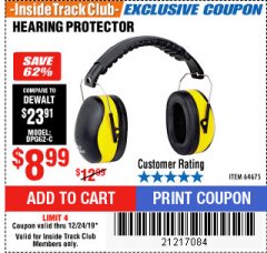 Harbor Freight ITC Coupon HEARING PROTECTOR Lot No. 64675 Expired: 12/24/19 - $8.99