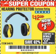 Harbor Freight Coupon HEARING PROTECTOR Lot No. 64675 Expired: 7/31/20 - $8.99