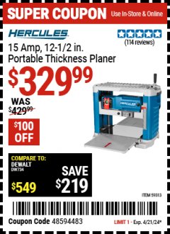 Harbor Freight Coupon 15 AMP, 12-1/2 IN. PORTABLE THICKNESS PLANER Lot No. 59313 Expired: 4/21/24 - $329.99