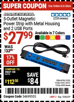 Harbor Freight Coupon 5-OUTLET MAGNETIC POWER STRIP WITH METAL HOUSING AND 2 USB PORTS Lot No. 64798 Expired: 10/8/23 - $27.99