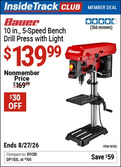 Harbor Freight Coupon BAUER 10 IN., 5-SPEED BENCH DRILL PRESS WITH LIGHT Lot No. 58782 Valid: 12/31/69 - 8/27/26 - $139.99