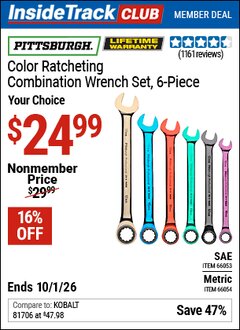 Harbor Freight Coupon PITTSBURGH COLOR RATCHETING COMBINATION WRENCH SET, 6-PIECE Lot No. 66053/66054 Valid: 12/31/69 - 10/1/26 - $24.99