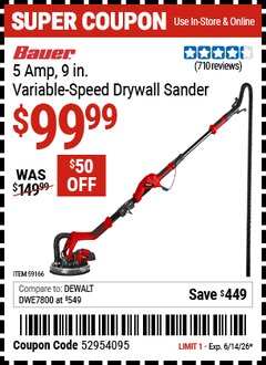 Harbor Freight Coupon BAUER 5 AMP, 9 IN. VARIABLE-SPEED DRYWALL SANDER Lot No. 59166 Expired: 6/14/26 - $99.99