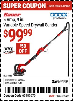 Harbor Freight Coupon BAUER 5 AMP, 9 IN. VARIABLE-SPEED DRYWALL SANDER Lot No. 59166 Expired: 7/19/26 - $99.99