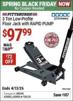 Harbor Freight Coupon PITTSBURGH 3 TON LOW-PROFILE FLOOR JACK WITH RAPID PUMP, SLATE GRAY Lot No. 70482 Expired: 4/12/26 - $97.99