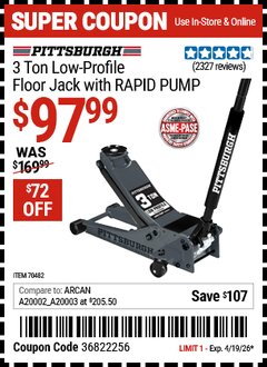 Harbor Freight Coupon PITTSBURGH 3 TON LOW-PROFILE FLOOR JACK WITH RAPID PUMP, SLATE GRAY Lot No. 70482 Expired: 4/19/26 - $97.99