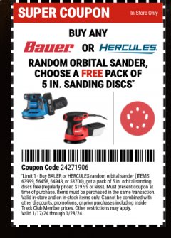 Harbor Freight FREE Coupon 5IN. HOOK AND LOOP UNIVERSAL PATTERN SANDING DISCS 15-PACK Lot No. 57422 Expired: 1/28/24 - FWP