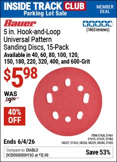Harbor Freight Coupon BAUER 5 IN. HOOK-AND-LOOP UNIVERSAL PATTERN SANDING DISCS, 15-PACK Lot No. 57419/57420/57422/57424/57425/57461/57482/58227/58228/58229/58284 Valid: 12/31/69 - 6/4/26 - $5.98