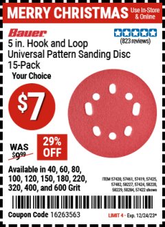 Harbor Freight Coupon 5IN. HOOK AND LOOP UNIVERSAL PATTERN SANDING DISCS 15-PACK Lot No. 57422 Expired: 12/24/23 - $7