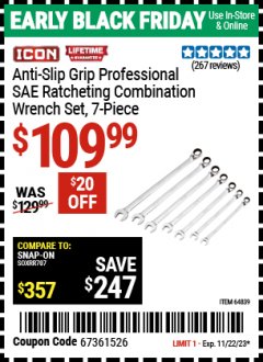 Harbor Freight Coupon ICON 7 PIECE ANTI-SLIP GRIP PROFESIONAL SAE RATCHETING COMBINATION WRENCH SET Lot No. 64839 Expired: 11/22/23 - $109.99