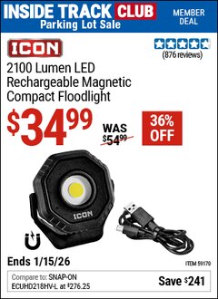 Harbor Freight ITC Coupon ICON 2100 LUMEN LED RECHARGEABLE MAGNETIC COMPACT FLOODLIGHT, BLACK Lot No. 59170 Expired: 1/15/26 - $34.99
