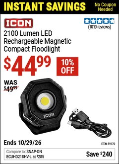 Harbor Freight Coupon ICON 2100 LUMEN LED RECHARGEABLE MAGNETIC COMPACT FLOODLIGHT, BLACK Lot No. 59170 Valid Thru: 10/29/26 - $44.99