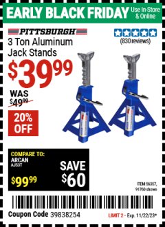 Harbor Freight Coupon PITTSBURGH AUTOMOTIVE 3 TON ALUMINUM JACK STANDS Lot No. 91760, 61627, 56357 Expired: 11/22/23 - $39.99