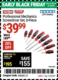 Harbor Freight Coupon ICON PROFESSIONAL MECHANIC’S SCREWDRIVER SET, 8-PIECE Lot No. 56508 Expired: 11/22/23 - $39.99