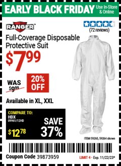 Harbor Freight Coupon RANGER FULL COVERAGE DISPOSABLE PROTECTIVE SUIT Lot No. 59264, 59265 Expired: 11/22/23 - $7.99
