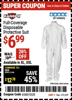 Harbor Freight Coupon RANGER FULL COVERAGE DISPOSABLE PROTECTIVE SUIT Lot No. 59264, 59265 Expired: 1/21/24 - $6.99