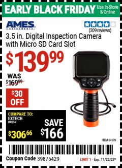 Harbor Freight Coupon AMES INSTRUMENTS 3.5 IN. DIGITAL INSPECTION CAMERA WITH MICRO SD CARD SLOT Lot No. 64170 Expired: 11/22/23 - $139.99