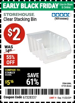Harbor Freight Coupon STOREHOUSE CLEAR STACKING BIN Lot No. 67134, 62806 Expired: 11/22/23 - $2