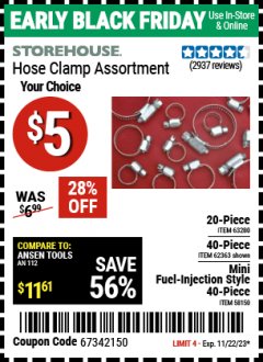 Harbor Freight Coupon HOSE CLAMP ASSORTMENT Lot No. 63280, 61890, 61209, 62363, 60807, 62623, 67578, 58150 Expired: 11/22/23 - $5
