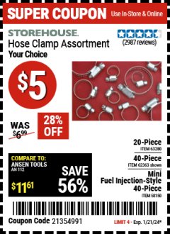 Harbor Freight Coupon HOSE CLAMP ASSORTMENT Lot No. 63280, 61890, 61209, 62363, 60807, 62623, 67578, 58150 Expired: 1/21/24 - $5