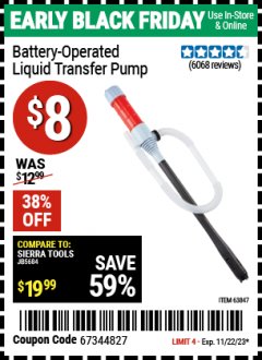 Harbor Freight Coupon BATTERY-OPERATED LIQUID TRANSFER PUMP Lot No. 63847, 64124, 56646 Expired: 11/22/23 - $8