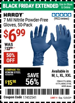 Harbor Freight Coupon 7 MIL NITRILE POWDER-FREE Lot No. 61773/68506/61774/68504/57158/68505 Expired: 12/3/23 - $6.99