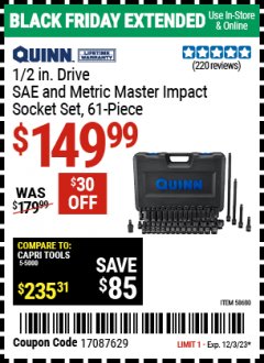 Harbor Freight Coupon 1/2 IN. DRIVE SAE AND METRIC MASTER IMPACT SOCKET SET, 61-PIECE Lot No. 58680 Expired: 12/3/23 - $149.99