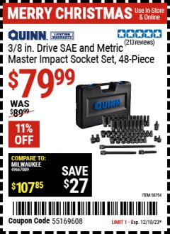 Harbor Freight Coupon 3/8 IN. DRIVE SAE AND METRIC MASTER IMPACT SOCKET SET, 48-PIECE Lot No. 58754 Expired: 12/10/23 - $79.99